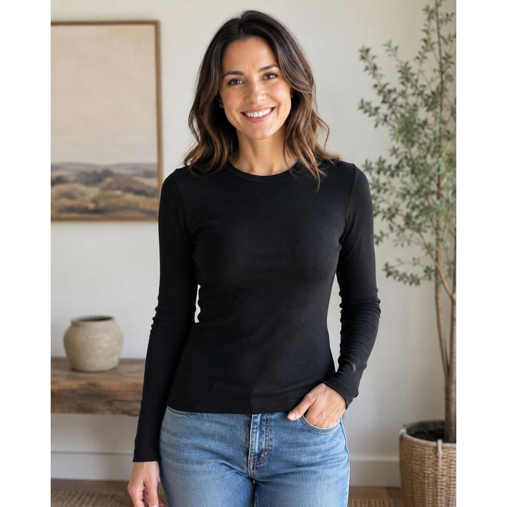 Black Ribbed Long Sleeve Fitted Crew Neck Top Women’s Medium Stretch Basic
